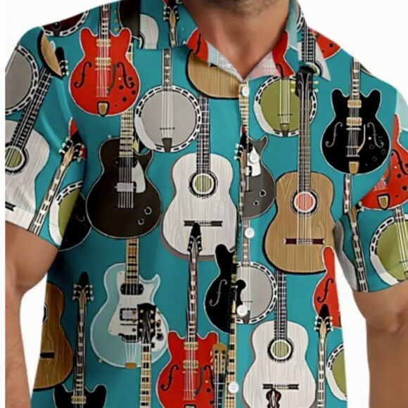 Guitar Graphic Men's Dress Shirt Button Front Short Sleeve Music Instrument - Picture 4 of 5